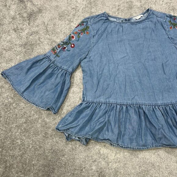BeachLunchLounge Embroidered Peplum Chambray Blouse  Flare Bell Sleeve Small - Picture 3 of 15